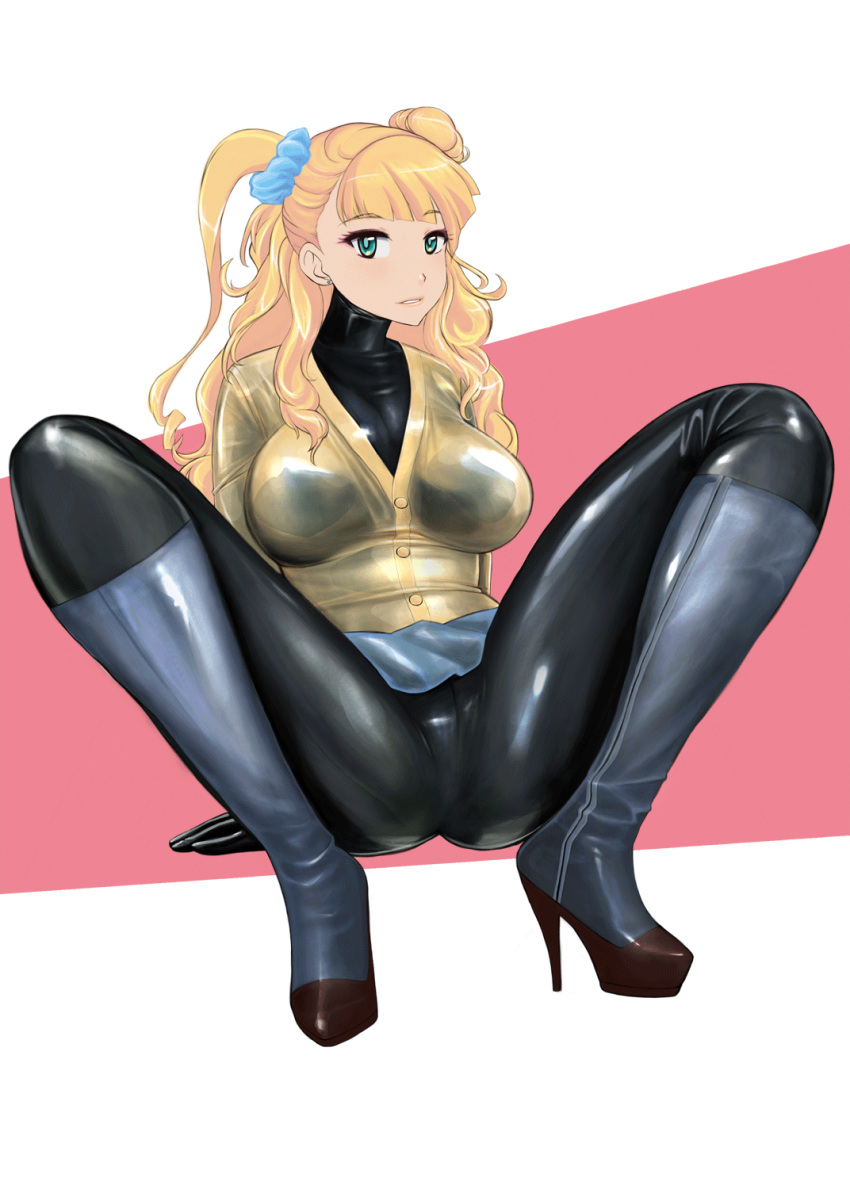 1girl aqua_eyes arm_support asymmetrical_hair bangs blonde_hair blue_eyes bodysuit boots breasts buttons cardigan earrings eyebrows eyebrows_visible_through_hair eyelashes full_body galko hair_ornament hair_scrunchie high_heel_boots high_heels highres jewelry komii large_breasts latex long_hair long_sleeves looking_at_viewer miniskirt one_side_up oshiete!_galko-chan parted_lips scrunchie shiny shiny_clothes side_bun sitting skin_tight skirt solo spread_legs wavy_hair