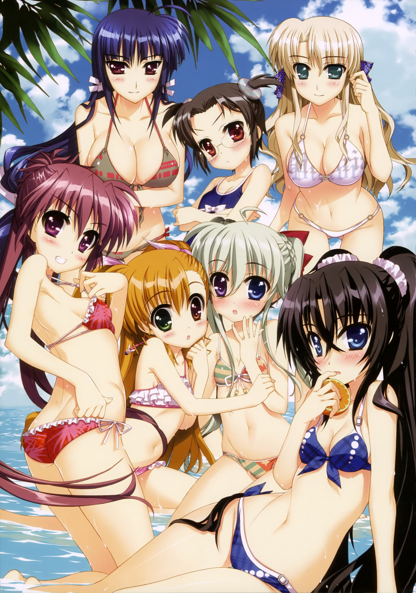 6+girls :o absurdres arm_grab arm_support ass bikini bikini_pull black_hair blonde_hair blue_eyes blush breasts cleavage crossed_arms einhart_stratos els_tasmin finger_to_mouth flat_chest food frilled_bikini frills front-tie_top fruit fujima_takuya glasses green_eyes green_hair grin hair_ribbon harry_tribeca heterochromia highres large_breasts leaning_forward long_hair looking_at_viewer looking_back lyrical_nanoha mahou_shoujo_lyrical_nanoha_vivid micaiah_chevelle midriff multiple_girls navel o-ring_bottom o-ring_top official_art one-piece_swimsuit orange pulled_by_self purple_hair red_eyes redhead ribbon scrunchie side-tie_bikini sieglinde_jeremiah small_breasts smile strap_lift swimsuit thigh_gap twintails very_long_hair victoria_dahlgrun violet_eyes vivio wet