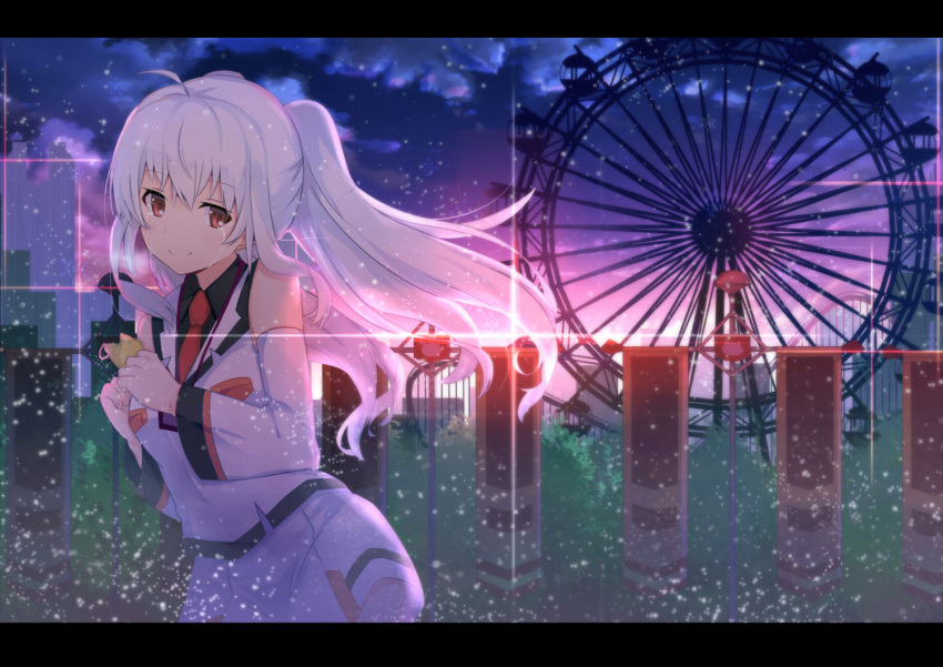 1girl ahoge breasts building clouds crying crying_with_eyes_open detached_sleeves ferris_wheel isla_(plastic_memories) koga_rejini light_particles long_hair looking_at_viewer necktie outdoors plastic_memories red_eyes shirt silver_hair sky sleeveless sleeveless_shirt smile solo sparkle sunset tears twintails
