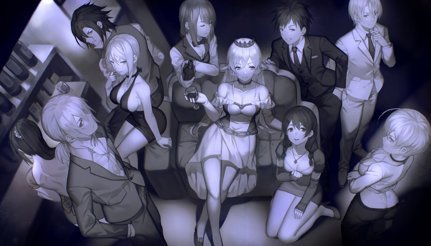 4boys 6+girls absurdres adjusting_collar ahoge alcohol arato_hisako armchair ass back bangs bar bare_back bare_shoulders bow bowtie braid breast_hold breasts chair choker cleavage closed_eyes closed_mouth collarbone crop_top crossed_arms crossed_legs cup cupping_glass detached_sleeves dress drinking_glass formal frilled_sleeves frills from_above gloves grin hair_ornament hair_over_shoulder hair_scrunchie hairclip halterneck hand_in_pocket hands_in_pockets hayama_akira high_heels highres indoors jacket jewelry kurokiba_ryou leaning_to_the_side long_hair long_sleeves low_ponytail mito_ikumi monochrome multiple_boys multiple_girls nakiri_alice nakiri_erina necklace necktie off-shoulder_dress off_shoulder on_ground pants pendant pouring puffy_short_sleeves puffy_sleeves ring scar scrunchie shiomi_jun shokugeki_no_souma short_dress short_hair short_sleeves sideboob sitting sleeveless sleeveless_dress smile standing striped striped_necktie suit tadokoro_megumi takumi_aldini tiara twin_braids twintails vest waitress wariza wine wine_bottle wine_glass yukihira_souma yykuaixian