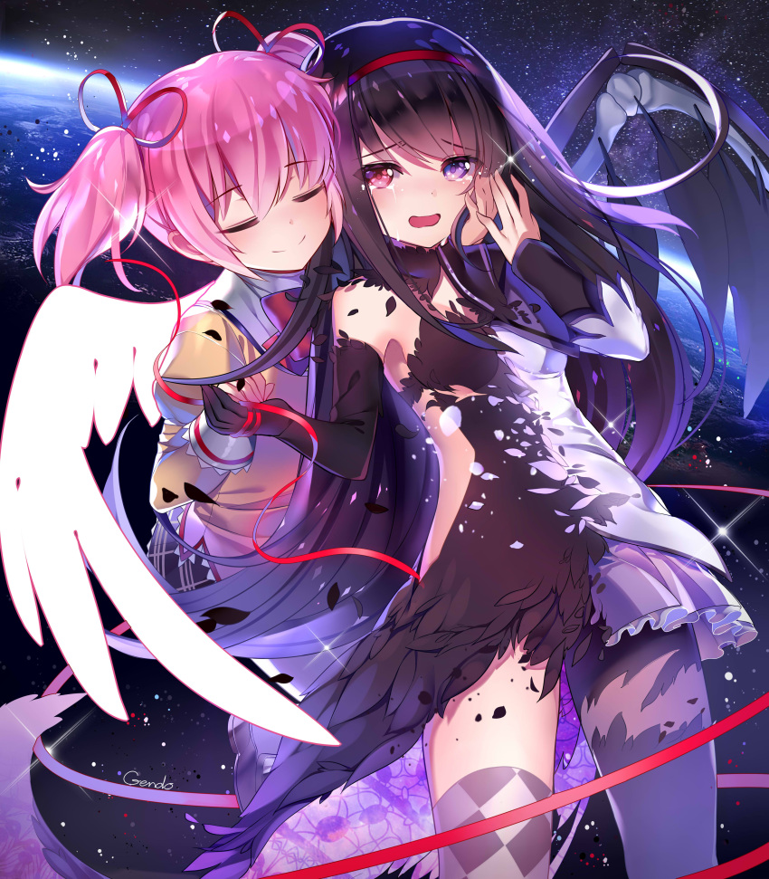 2girls absurdres akemi_homura akuma_homura argyle argyle_legwear artist_name asymmetrical_legwear bangs black_dress black_gloves black_hair black_legwear black_wings blush bow bowtie closed_eyes crying crying_with_eyes_open detached_collar dissolving_clothes dress earth eyebrows eyebrows_visible_through_hair feathered_wings feathers floating floral_print frilled_skirt frills gendo0033 gloves hair_bow hair_ribbon hairband hand_on_another's_cheek hand_on_another's_face heterochromia highres holding_hands juliet_sleeves kaname_madoka lens_flare loafers long_hair long_sleeves magical_girl mahou_shoujo_madoka_magica mahou_shoujo_madoka_magica_movie multiple_girls open_mouth pantyhose petals pink_hair pink_ribbon plaid plaid_skirt pleated_skirt puffy_sleeves purple_hair red_bow red_bowtie red_eyes red_ribbon ribbon school_uniform shoes signature single_wing skirt sky space sparkle spoilers star_(sky) starry_sky strapless strapless_dress tears transformation twintails violet_eyes white_wings wings yuri