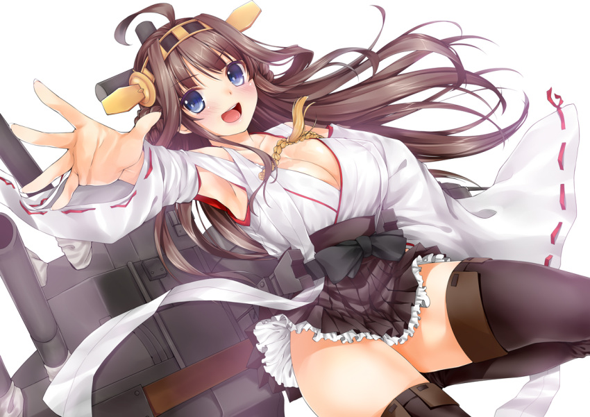 1girl :d ahoge bare_shoulders blush boots breasts brown_hair cleavage detached_sleeves double_bun hairband headgear japanese_clothes kantai_collection kongou_(kantai_collection) large_breasts long_hair looking_at_viewer nontraditional_miko obiwan open_mouth outstretched_hand ribbon-trimmed_sleeves ribbon_trim simple_background smile solo thigh-highs thigh_boots white_background