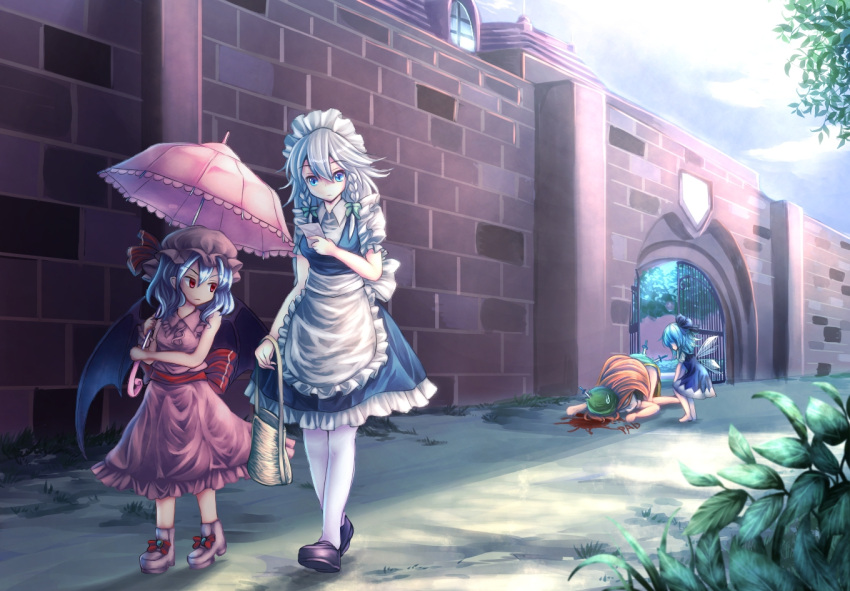 4girls adapted_costume apron bag bat_wings beret black_shoes blood blood_writing blue_dress blue_eyes blue_hair boots bow braid brick_wall bush cirno day dress expressionless frilled_dress frills gate green_skirt hair_bow hat hat_bow holding holding_umbrella hong_meiling ice ice_wings izayoi_sakuya knife_in_head legs list long_hair long_skirt looking_at_another looking_down maid maid_apron maid_headdress mob_cap multiple_girls pad parasol path pink_boots red_eyes redhead remilia_scarlet road scarlet_devil_mansion shirt shoe_bow shoes shopping_bag short_dress short_hair short_sleeves side_slit silver_hair skirt sleeveless sleeveless_dress small_breasts sunlight sweatdrop t.m_(aqua6233) thighs top-down_bottom-up touhou transparent_wings tree twin_braids umbrella very_long_hair walking white_legwear white_shirt wings