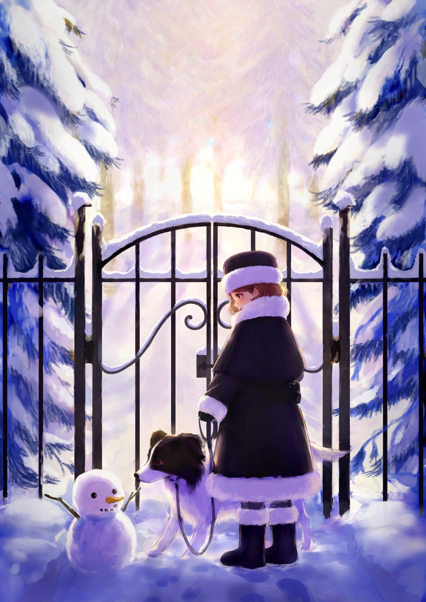 1girl boots brown_eyes brown_hair coat dog fence gloves hat highres leash original romiy short_hair smile snow snowman solo tree