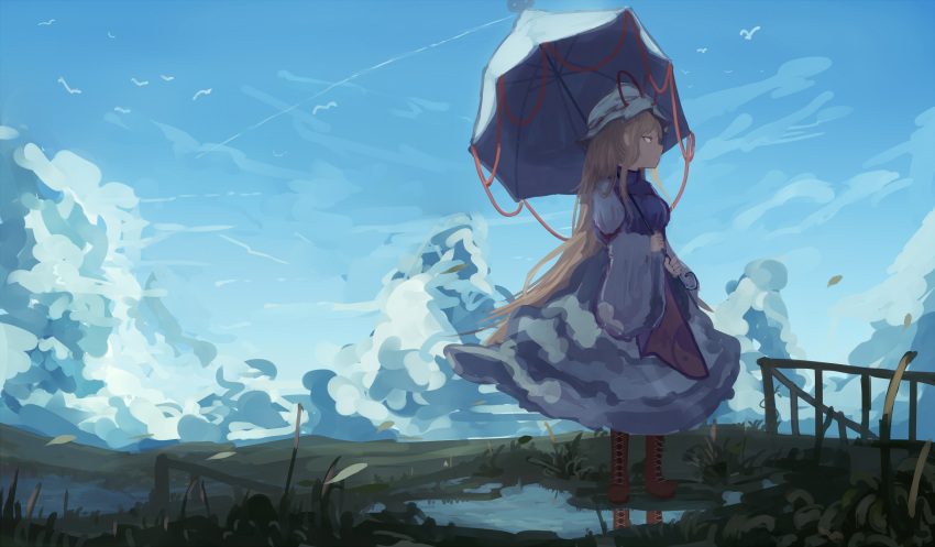 1girl absurdres after_rain armband bird blonde_hair blue_sky boots breasts brown_boots clouds condensation_trail day dress expressionless grass highres knee_boots long_hair long_sleeves looking_afar looking_to_the_side mifuru petals puddle railing red_eyes reflection ribbon_trim sidelocks sky solo tabard touhou umbrella very_long_hair water white_dress wide_sleeves wind yakumo_yukari