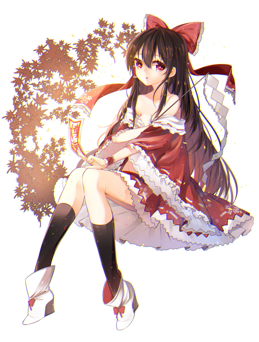 1girl absurdres bare_shoulders black_legwear boots bow breasts brown_hair chromatic_aberration cleavage collarbone detached_sleeves freeze_(867139) frilled_skirt frilled_sleeves frills full_body hair_bow hair_tubes hakurei_reimu highres knees_together_feet_apart leaf leaf_background long_hair looking_at_viewer off_shoulder ofuda open_mouth red_eyes ribbon-trimmed_skirt ribbon-trimmed_sleeves ribbon_trim simple_background sitting skirt solo touhou very_long_hair white_background white_boots wide_sleeves