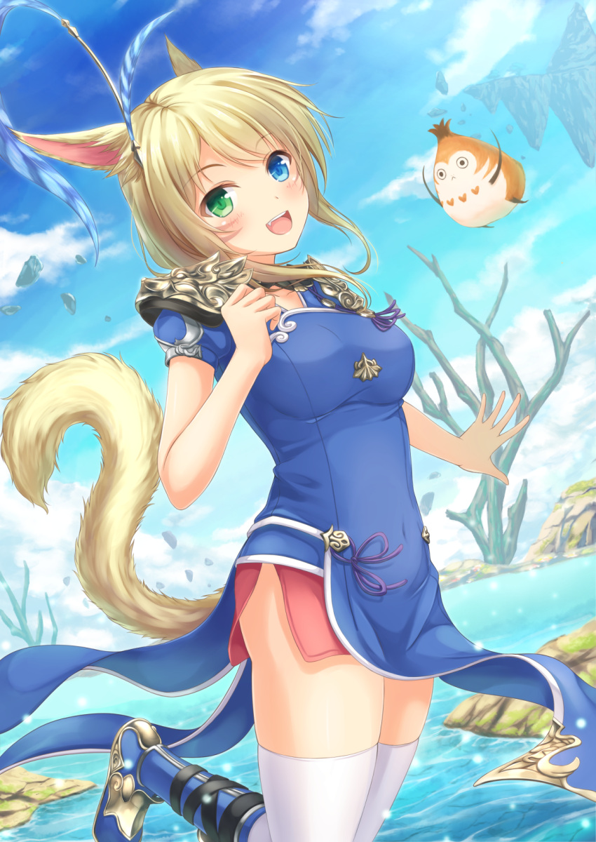 1girl :&lt; :d animal_ears bare_tree belt blonde_hair blue_boots blue_dress blue_eyes blue_sky blush boots breasts cat_ears cat_tail clouds creature dress dutch_angle eyebrows eyebrows_visible_through_hair facial_mark fang feathers final_fantasy final_fantasy_xiv floating_island green_eyes hair_feathers heterochromia highres light_particles long_hair looking_at_viewer miqo'te open_mouth pauldrons pelvic_curtain rock sky smile solo spread_fingers tail thigh-highs tiphereth tree water white_legwear
