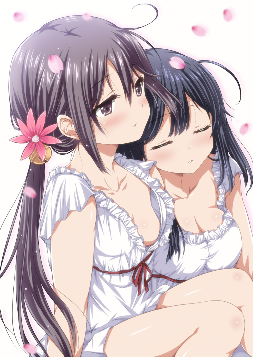 2girls akebono_(kantai_collection) bell black_hair dress drooling flower hair_bell hair_flower hair_ornament highres kantai_collection long_hair multiple_girls nijimotohiro_k parted_lips purple_hair side_ponytail sleeping ushio_(kantai_collection) very_long_hair violet_eyes