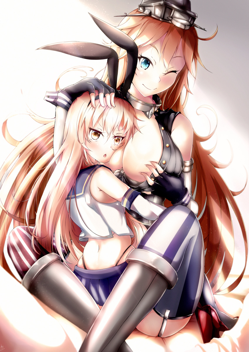 2girls absurdres blonde_hair blue_eyes breasts brown_eyes cleavage elbow_gloves fingerless_gloves gloves hairband highleg highleg_panties highres hug indian_style iowa_(kantai_collection) kantai_collection long_hair multiple_girls nakatokung panties sailor_collar shimakaze_(kantai_collection) sitting thigh-highs underwear