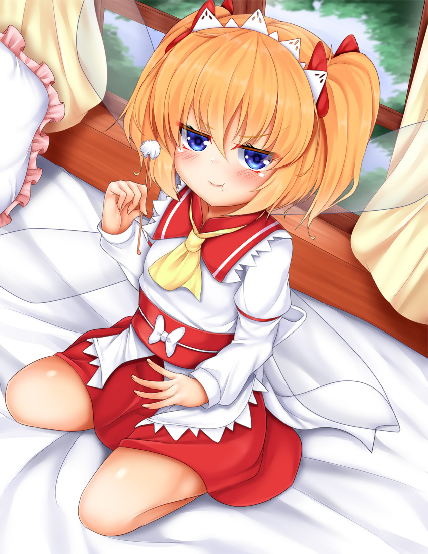 1girl :t angry annoyed ascot bed blonde_hair blue_eyes blush bow fairy hair_bow highres holding insect_wings long_sleeves looking_at_viewer maid_headdress mimikaki narrowed_eyes pillow pout puffed_cheeks seiza sitting skirt skirt_set solo sunny_milk tokoya touhou twintails two_side_up window wings