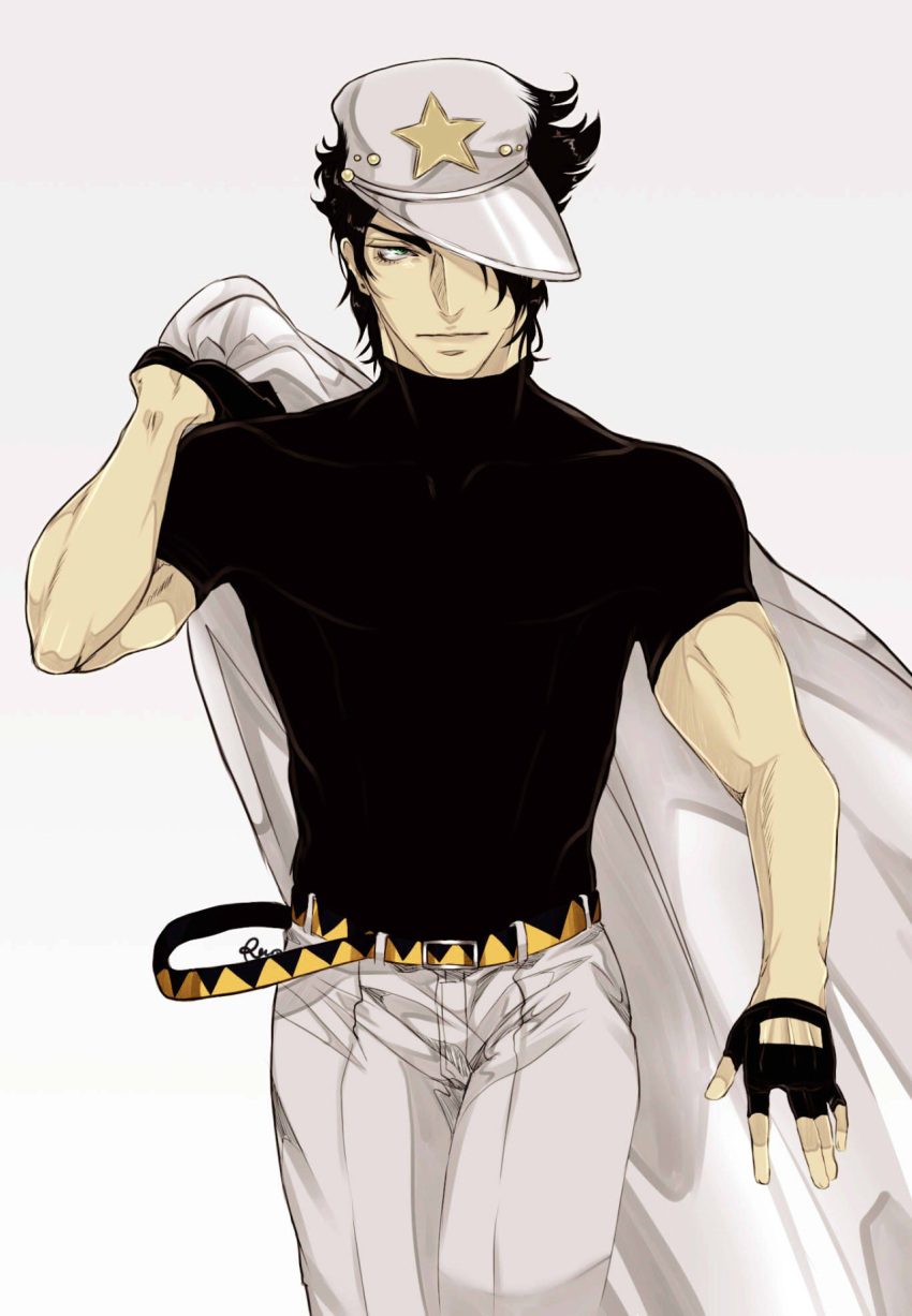 1boy black_hair carrying_over_shoulder earrings fingerless_gloves gloves green_eyes hat_over_one_eye highres jacket_over_shoulder jewelry jojo_no_kimyou_na_bouken kuujou_joutarou male_focus muscle rupatsuan solo