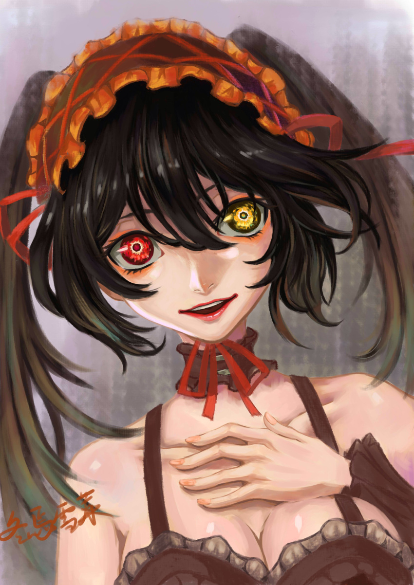 1girl absurdres black_hair date_a_live fingers gothic_lolita hand_on_own_chest heterochromia highres lips lolita_fashion makeup nose open_mouth red_eyes skinny solo tokisaki_kurumi yellow_eyes