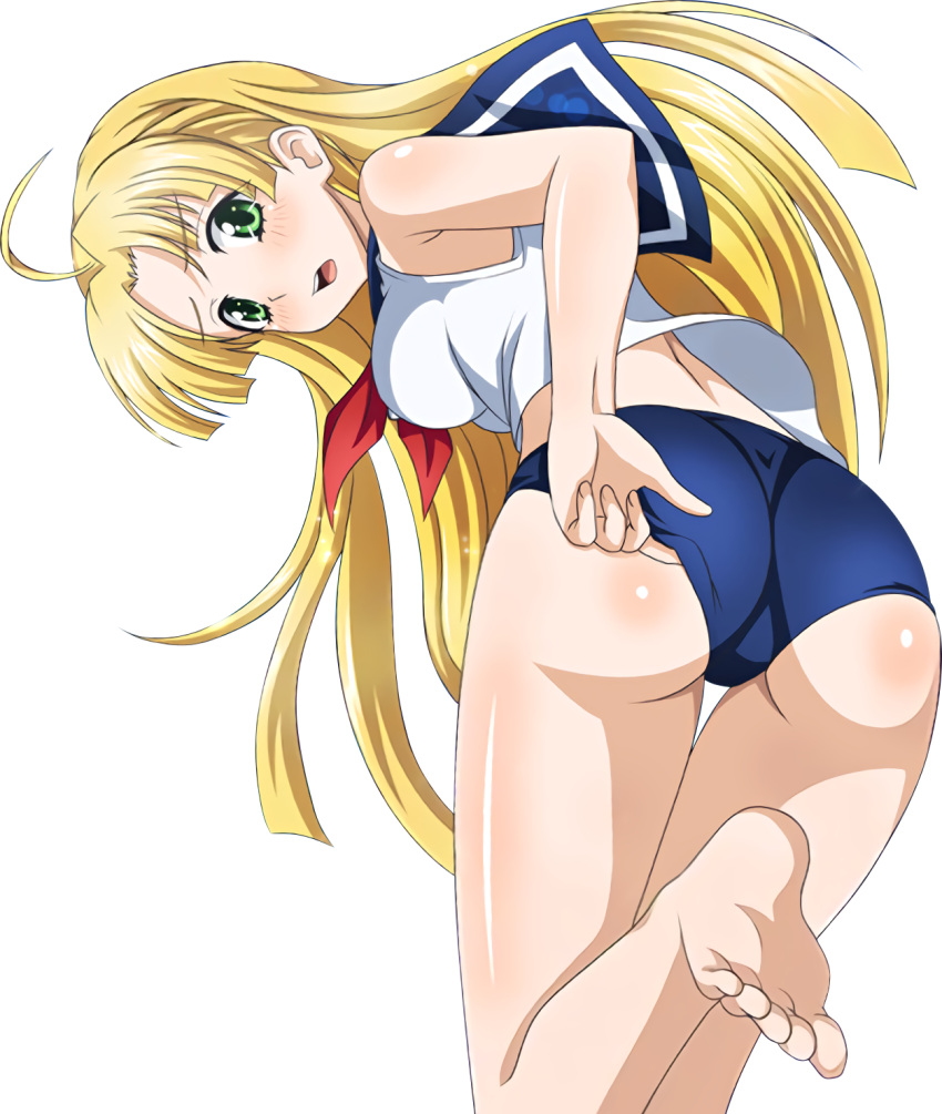 1girl ahoge asia_argento barefoot blonde_hair buruma feet feet_up green_eyes high_school_dxd highres long_hair looking_at_viewer open_mouth soles solo transparent_background vector_trace