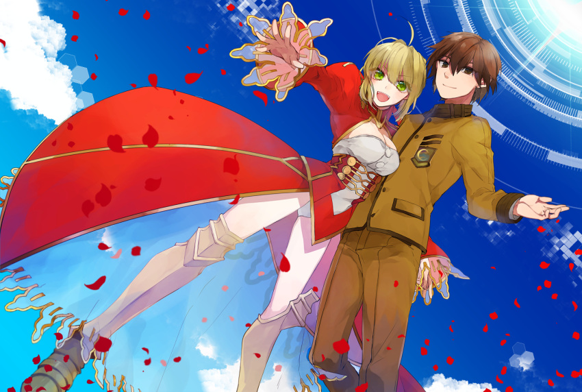 1boy 1girl :d ahoge armor armored_boots blonde_hair boots breasts brown_eyes brown_hair cleavage fate/extra fate_(series) green_eyes hita_(hitapita) kishinami_hakuno_(male) looking_at_viewer open_mouth petals saber_extra school_uniform smile teeth thigh-highs