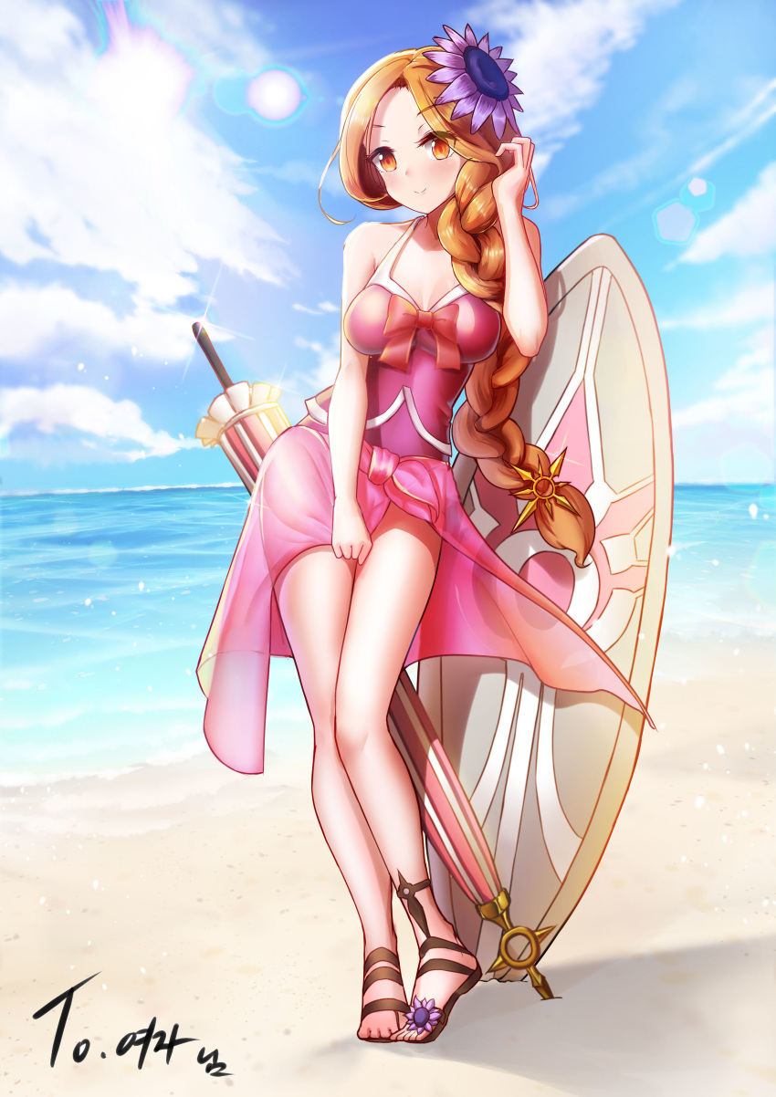 1girl absurdres artist_request bare_shoulders beach blush breasts brown_eyes cleavage contrapposto day flower full_body hair_flower hair_ornament highres league_of_legends leona_(league_of_legends) long_hair looking_at_viewer orange_hair outdoors parasol ponytail pool_party_leona sand sandals sarong shore solo standing summer sunflower_hair_ornament surfboard swimsuit umbrella very_long_hair water