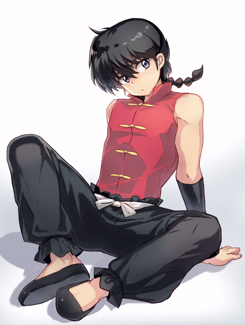 1boy arm_warmers bare_shoulders black_hair black_pants black_shoes braid chinese_clothes highres leaning_back mimi_(ranma3049) pants ranma_1/2 red_shirt saotome_ranma shirt shoes short_hair single_braid sitting sleeveless solo tangzhuang violet_eyes