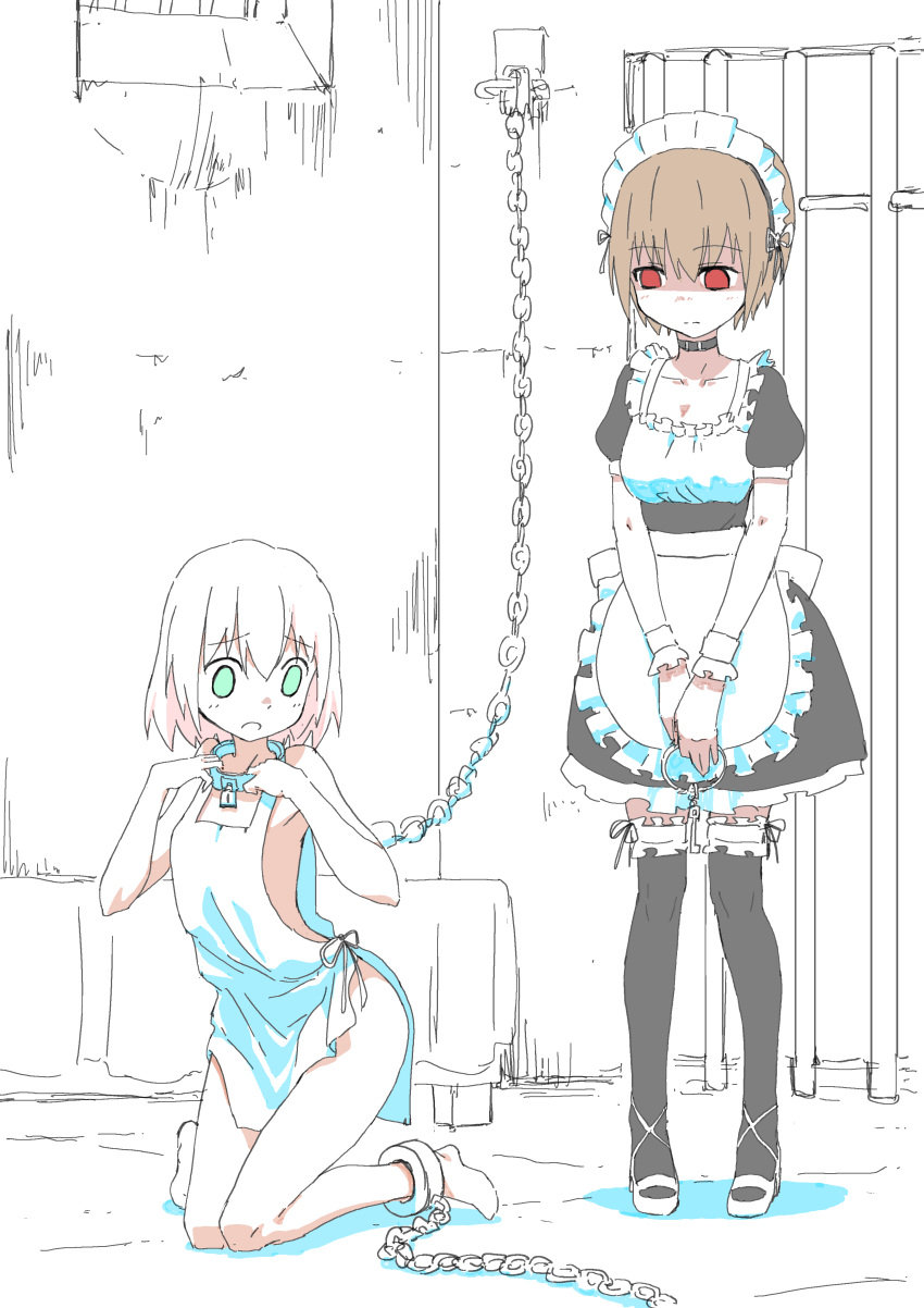 2girls absurdres apron barikiosu bed bed_sheet bound chain collar cuffs dress dungeon frills gown highres key maid maid_apron maid_headdress multiple_girls open_mouth original red_eyes shackles short_hair short_sleeves skirt tagme