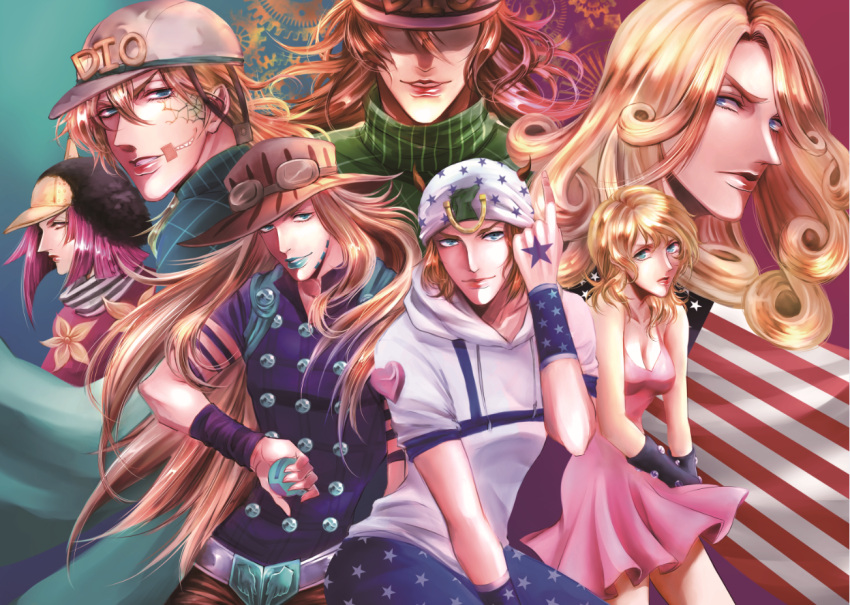 american_flag ball bandage_on_face blonde_hair blue_eyes blue_lipstick breasts brown_hair cleavage cowboy_hat diego_brando dress facial_hair funny_valentine gears goggles_on_hat gyro_zeppeli hat hat_over_eyes horseshoe hot_pants_(sbr) johnny_joestar jojo_no_kimyou_na_bouken light_brown_hair lipstick long_hair lucy_steel makeup pink_dress pink_eyes pink_hair pink_lipstick rearu shaded_face star steel_ball steel_ball_run turtleneck wristband