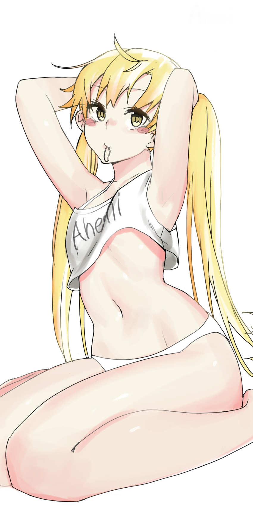 absurdres ahem!_(artist) arms_up blonde_hair blush_stickers flat_chest highres long_hair mouth_hold navel original panties simple_background sitting smile thighs twintails underwear very_long_hair wariza white_background white_panties
