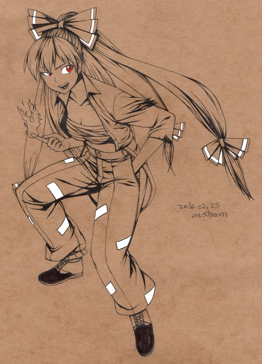 1girl :d artist_name bow breasts brown_background cleavage collarbone cross-laced_footwear dated flame fujiwara_no_mokou full_body hair_bow hair_ribbon hand_in_pocket highres index_finger_raised long_hair monochrome mushroom_(osh320) open_clothes open_mouth pants red_eyes ribbon sarashi simple_background smile solo spot_color suspenders torn_clothes touhou very_long_hair