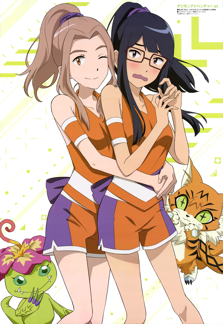 +_+ 2girls absurdres bare_shoulders black_hair blush bow breasts brown_eyes brown_hair claws collarbone creature digimon digimon_adventure_tri. embarrassed glasses green_eyes highres hug hug_from_behind long_hair looking_at_viewer meicoomon mochizuki_meiko multiple_girls official_art one_eye_closed open_mouth palmon ponytail scan shiny shiny_hair shorts sidelocks tachikawa_mimi violet_eyes wavy_mouth
