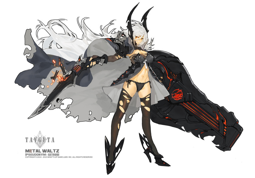 1girl black_legwear black_panties breasts cleavage covered_nipples highres holding holding_sword holding_weapon horns kishiyo long_hair panties panzer_waltz simple_background smile solo sword tachi-e thigh-highs torn_clothes torn_thighhighs underwear very_long_hair weapon white_background white_hair yellow_eyes