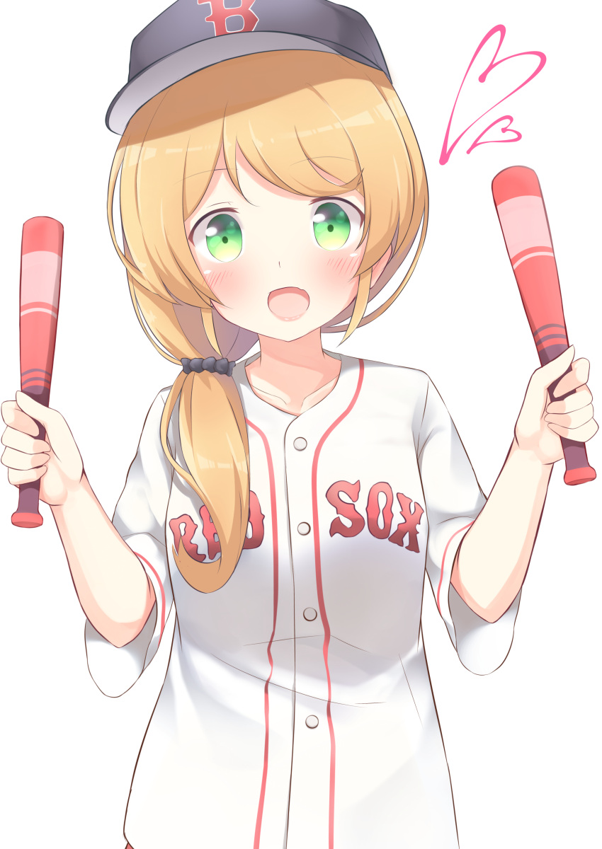 1girl absurdres baseball_bat baseball_cap blonde_hair blush boston_red_sox buttons clothes_writing collarbone ellen_baker go-1 green_eyes hair_over_shoulder hair_ribbon hat heart highres holding long_hair looking_at_viewer low_ponytail new_horizon open_mouth ribbon shirt short_sleeves solo sportswear upper_body white_background