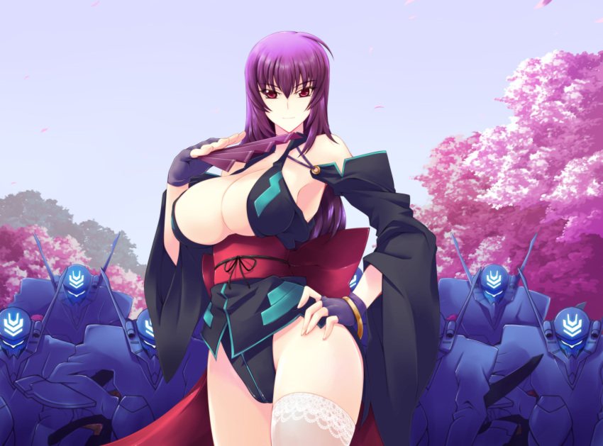 &gt;:) 1girl armpits bare_shoulders black_gloves breasts cherry_blossoms cleavage detached_sleeves fan fingerless_gloves folding_fan gloves haganef hand_on_hip happy_birthday highres japanese_clothes kouzuki_yuuko large_breasts long_hair long_sleeves looking_at_viewer muvluv ninja obi petals purple_hair red_eyes revealing_clothes sash sideboob single_thighhigh smile solo_focus thigh-highs under_boob white_legwear wide_sleeves