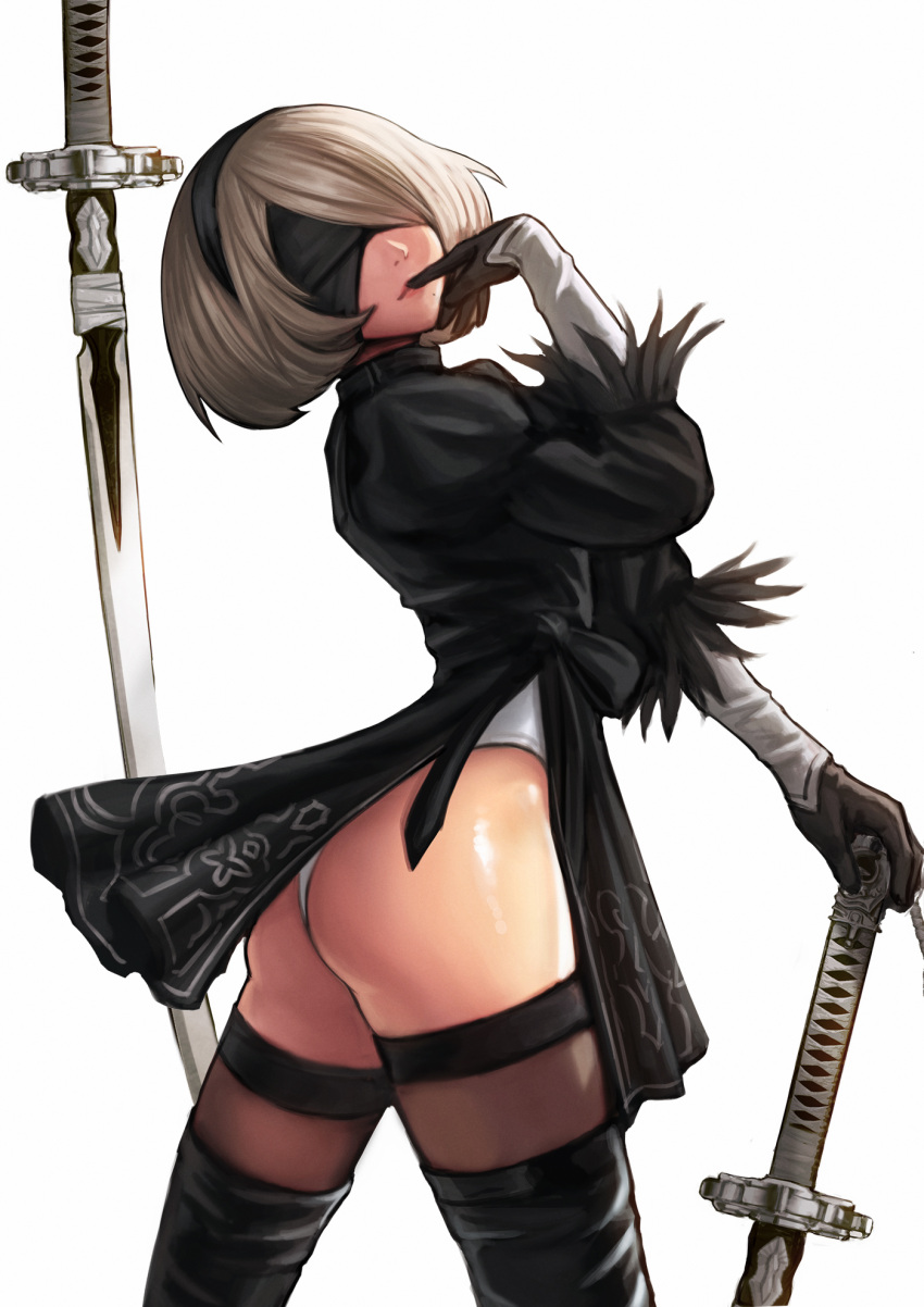 ass black_blindfold black_boots black_dress black_gloves black_hairband blindfold boots covered_eyes dress feather-trimmed_sleeves from_side gloves hairband highres leotard nier_(series) nier_automata puffy_sleeves short_hair simple_background standing sword thigh-highs thigh_boots thighhighs_under_boots weapon white_background white_leotard yorha_no._2_type_b