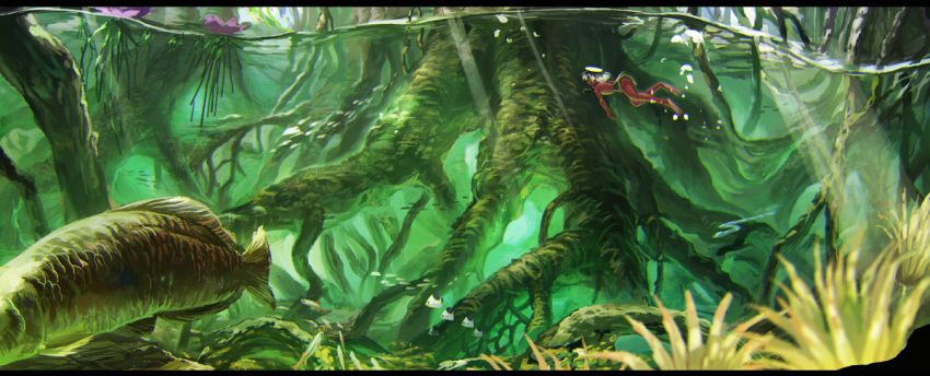 1boy air_bubble animal arowana barefoot bayashiko blurry dark_skin depth_of_field diving fish flower freediving jungle kappa leaf_skirt letterboxed male_focus minigirl nature original outdoors oversized_animal plant scenery shirtless silver_hair skirt snake solo tree underwater upskirt vines water