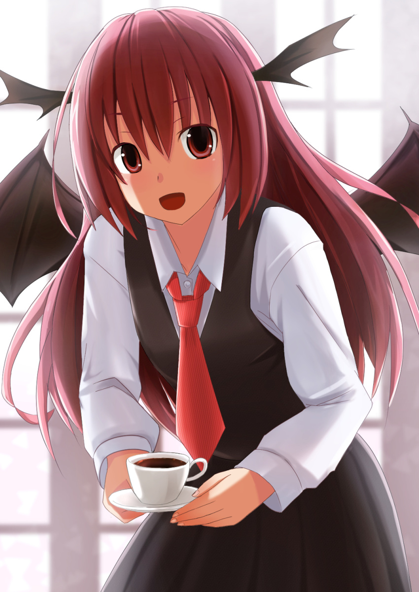 1girl :d bat_wings blush collared_shirt commentary_request cup dress_shirt hasu_(lausdys) head_wings highres holding koakuma leaning_forward long_sleeves looking_at_viewer necktie open_mouth red_eyes red_necktie redhead saucer shirt skirt skirt_set smile solo teacup touhou vest white_shirt window wings