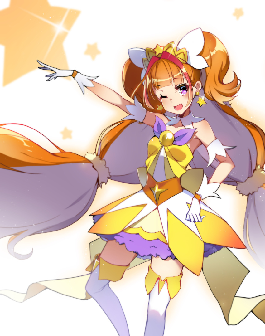 1girl ;d absurdres amanogawa_kirara arm_up boots brown_hair cowboy_shot cure_twinkle earrings gloves go!_princess_precure highres hoony jewelry long_hair looking_at_viewer low-tied_long_hair magical_girl multicolored_hair one_eye_closed open_mouth precure quad_tails redhead skirt smile solo star star_earrings streaked_hair thigh-highs thigh_boots twintails two-tone_hair violet_eyes white_background white_boots white_gloves