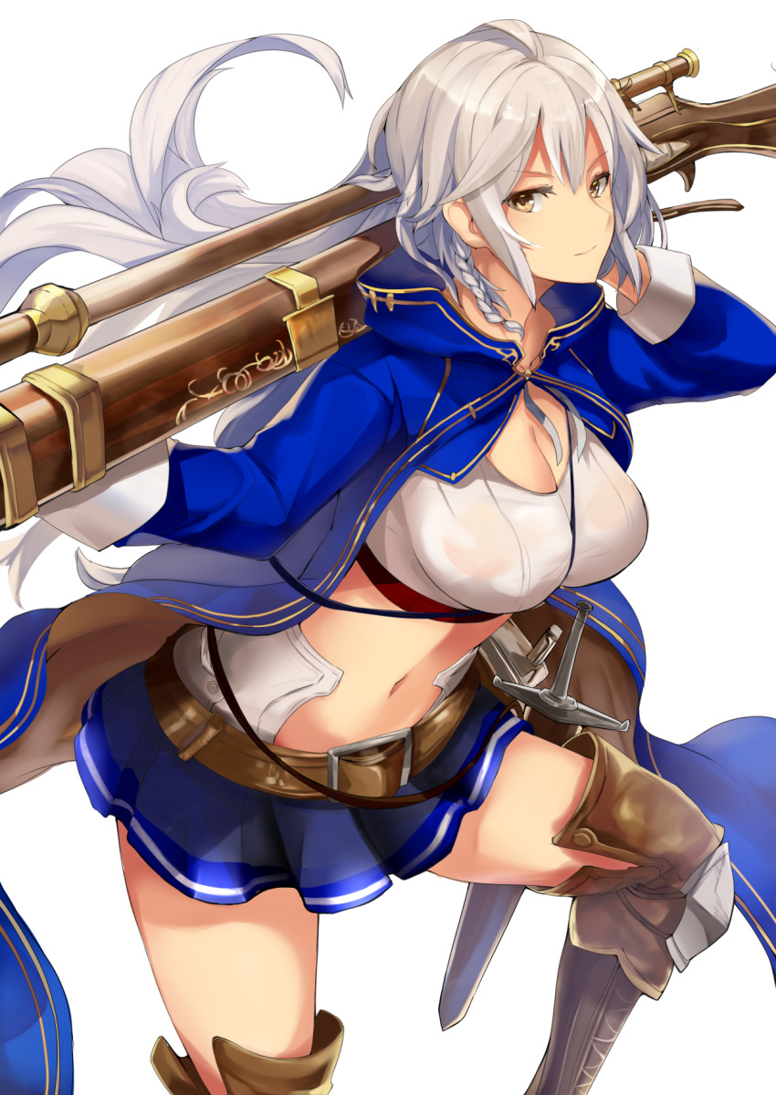 1girl boots braid breasts brown_eyes cleavage crop_top granblue_fantasy gun haik highres large_breasts long_hair looking_at_viewer midriff navel rifle silva_(granblue_fantasy) silver_hair skirt sword tailcoat thigh-highs thigh_boots thighs very_long_hair weapon