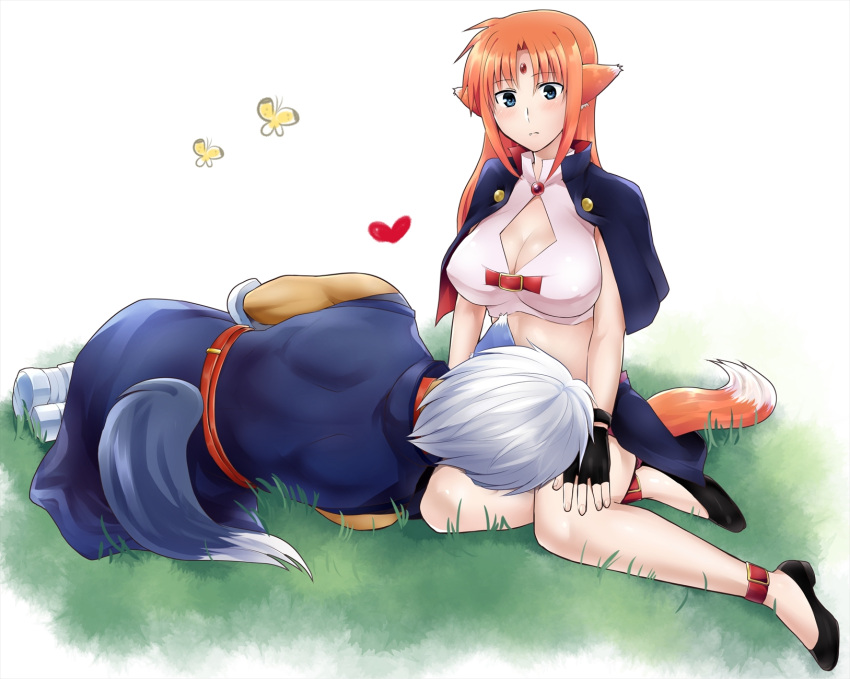 1boy 1girl animal_ears ankle_strap arf blue_eyes blush breasts butterfly capelet cleavage cleavage_cutout fang fingerless_gloves forehead_jewel frown gloves grass heart highres lap_pillow large_breasts long_hair looking_at_viewer lying lyrical_nanoha mahou_shoujo_lyrical_nanoha mahou_shoujo_lyrical_nanoha_a's midriff nagashiro_rouge on_ground on_side redhead sitting tail wolf_ears wolf_tail zafira