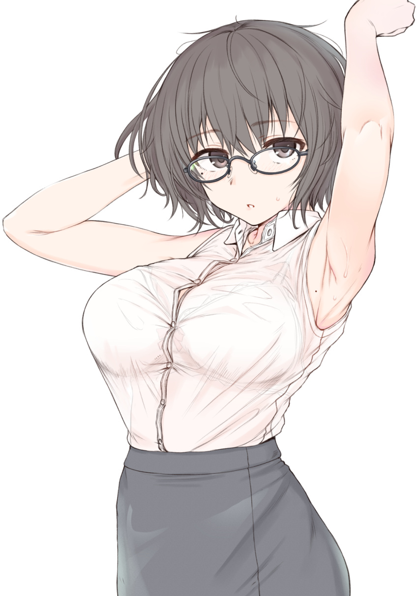 1girl armpits arms_up black_eyes black_hair blush bra breasts commentary_request glasses highres large_breasts looking_at_viewer makabe_gorou messy_hair open_mouth original pencil_skirt see-through shirt short_hair skirt sleeveless sleeveless_shirt solo sweat underwear white_bra
