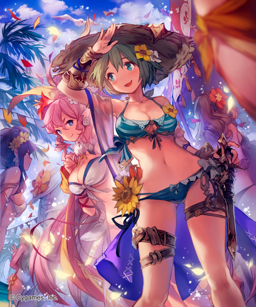 6+girls aqua_eyes arm_up asymmetrical_gloves bikini bird black_gloves blue_eyes breasts cleavage collarbone contrapposto eyebrows eyebrows_visible_through_hair fingerless_gloves from_below gloves green_bikini green_hair head_wreath highres large_breasts lee_hyeseung medium_breasts multiple_girls open_mouth pink_hair pointy_ears shingeki_no_bahamut short_hair smile strapless strapless_bikini striped striped_bikini swimsuit white_bikini yellow_flower