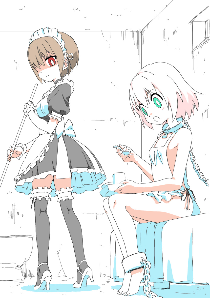 2girls absurdres apron barikiosu bed bed_sheet bound chain collar cuffs cup dish dress dungeon eating food frills glass gown highres maid maid_apron maid_headdress multiple_girls open_mouth original plate red_eyes shackles short_hair short_sleeves skirt spoon tagme toilet tray