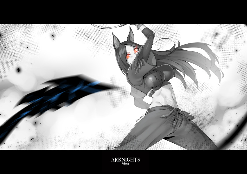 1girl ahoge arknights arm_up bangs breasts commentary copyright_name covered_mouth dobermann_(arknights) forehead gloves glowing glowing_eyes highres letterboxed long_hair long_sleeves looking_at_viewer lulu-chan92 medium_breasts midriff monochrome navel pants parted_bangs red_eyes revision short_eyebrows short_over_long_sleeves short_sleeves solo spot_color thick_eyebrows twitter_username very_long_hair wide_sleeves