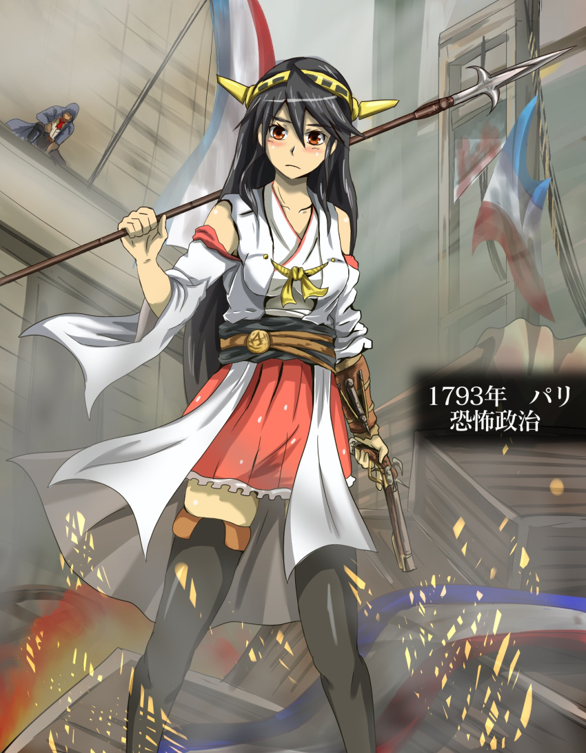 1boy 1girl arno_dorian assassin's_creed:_unity assassin's_creed_(series) black_hair blood boots brown_eyes collarbone commentary_request crossover detached_sleeves flag france french_flag guillotine gun hair_ornament hairband hairclip handgun haruna_(kantai_collection) hidden_blade highres holding hood hoodie kantai_collection kneeling looking_at_viewer nontraditional_miko pitcairn_meusel pleated_skirt polearm skirt spear thigh-highs thigh_boots translated trigger_discipline weapon zettai_ryouiki