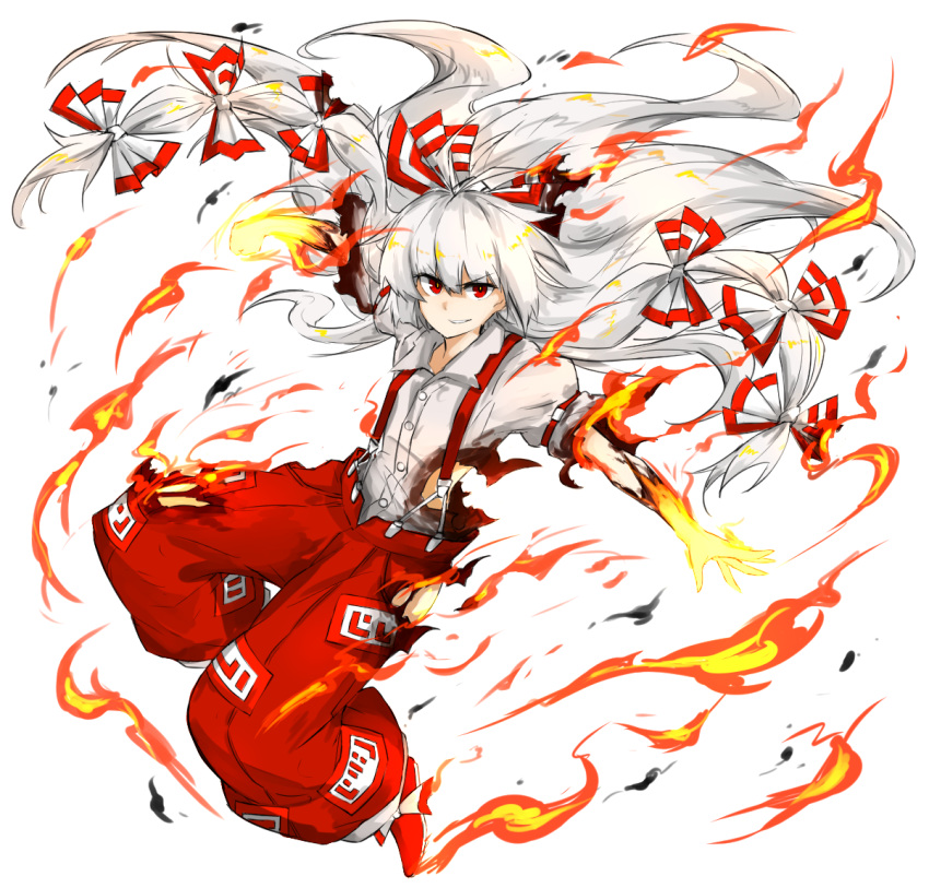 1girl fire fujiwara_no_mokou kan_(aaaaari35) long_hair red_eyes solo suspenders torn_clothes torn_sleeves touhou white_hair