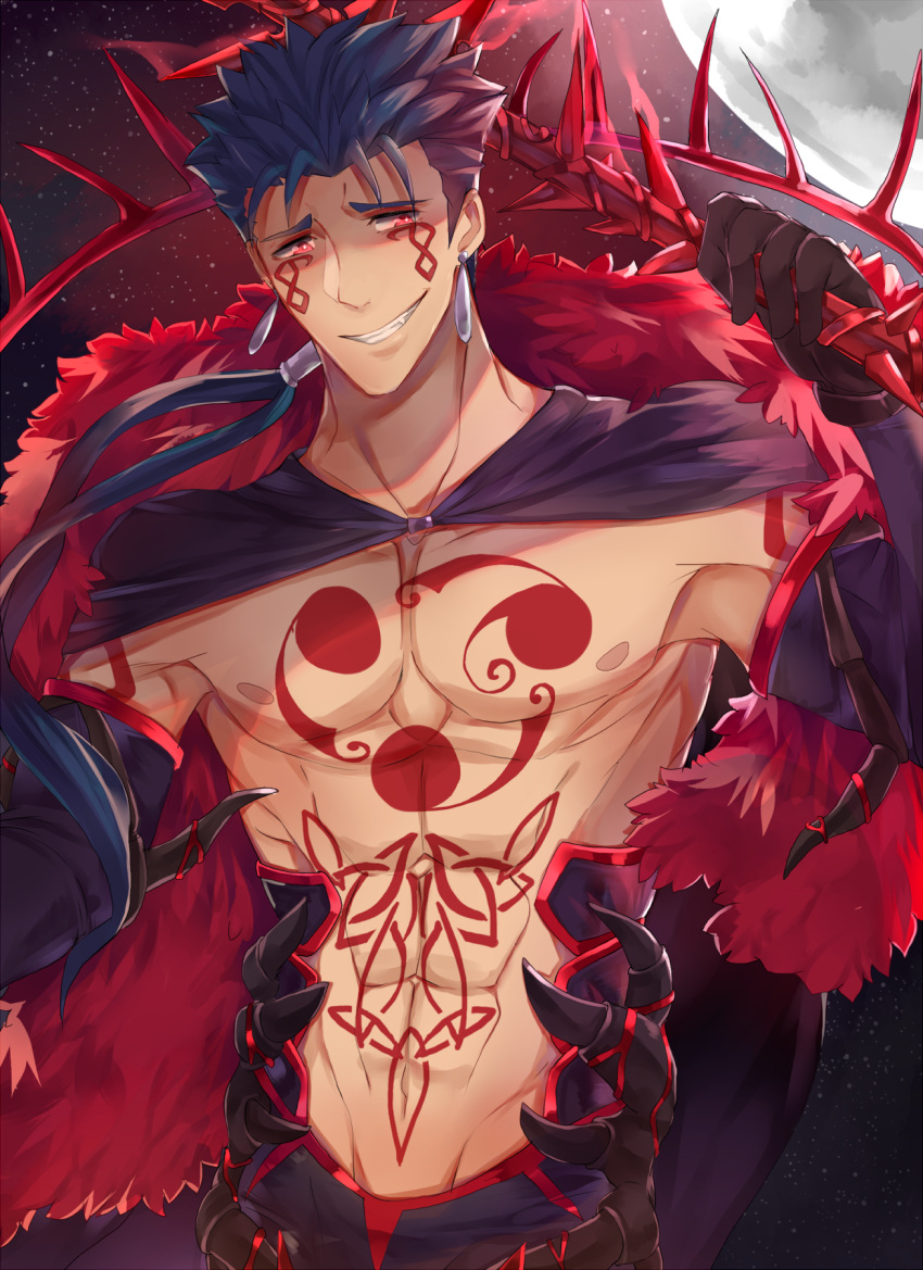 1boy armpits blue_hair cu_chulainn_alter_(fate/grand_order) earrings fate/grand_order fate_(series) fur_trim gae_bolg grin highres jewelry lancer long_hair looking_at_viewer male_focus polearm ponytail red_eyes rensuke_(pixiv) shirtless smile solo spear tattoo upper_body weapon