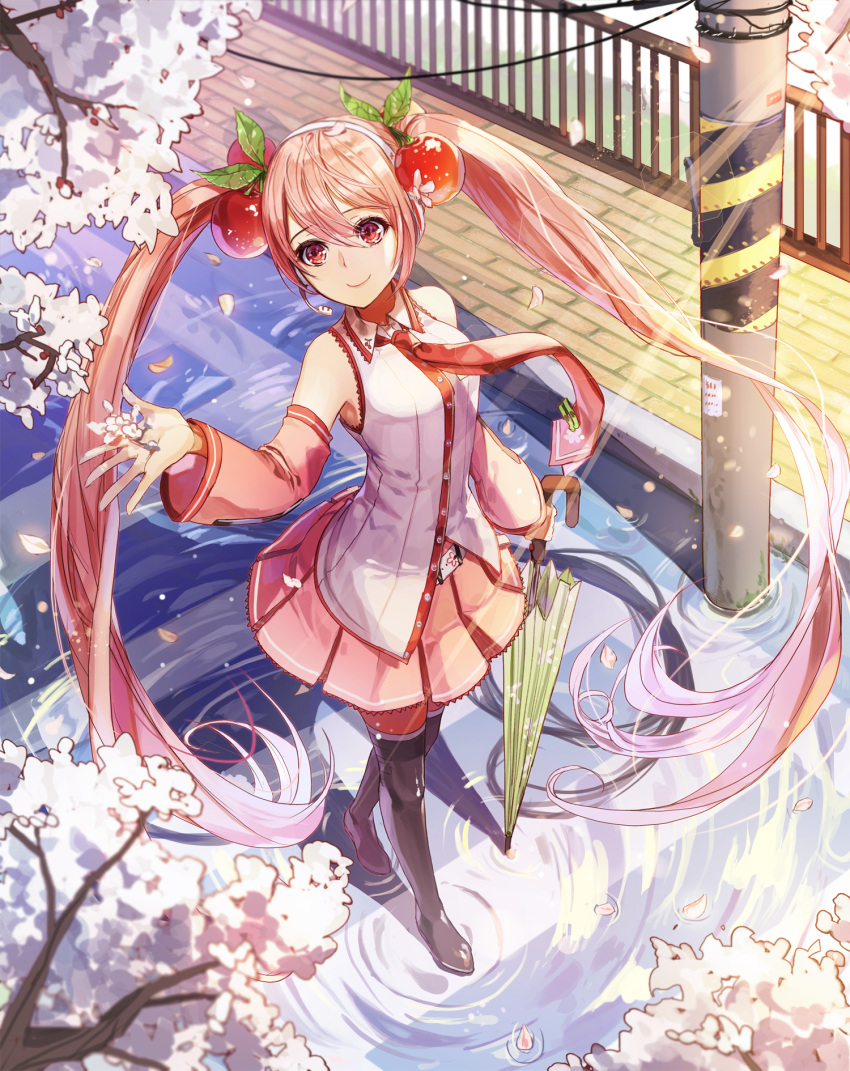 1girl boots cherry cherry_blossoms cherry_hair_ornament detached_sleeves food food_themed_hair_ornament fruit full_body hair_ornament hatsune_miku highres long_hair necktie railing red_eyes redhead ripples sakura_miku skirt smile solo thigh-highs thigh_boots twintails umbrella very_long_hair vocaloid walking