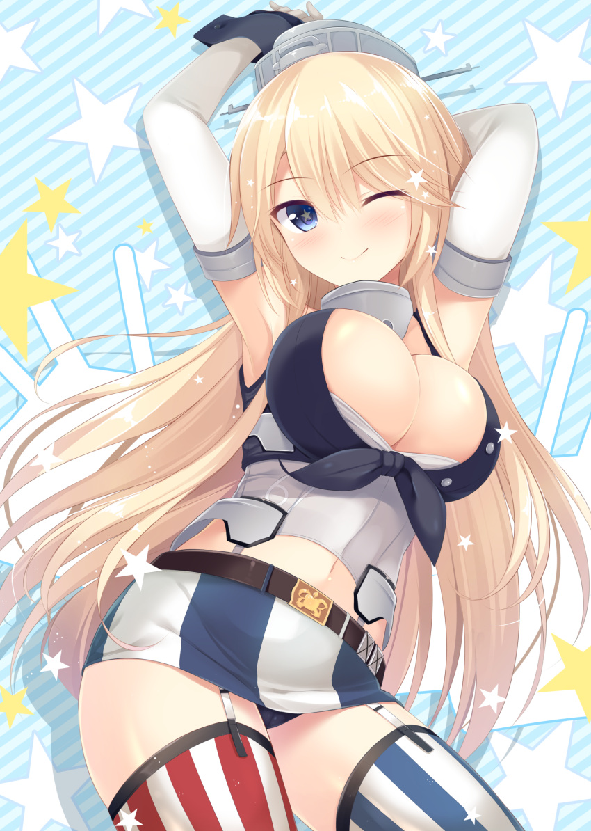 1girl ;) armpits arms_up blonde_hair blue_eyes blush breasts cleavage elbow_gloves fingerless_gloves garter_straps gloves headgear highres iowa_(kantai_collection) kantai_collection large_breasts long_hair looking_at_viewer miniskirt navel one_eye_closed panties pantyshot skirt smile solo star star-shaped_pupils striped striped_legwear symbol-shaped_pupils thigh-highs tomoo_(tomo) underwear vertical-striped_legwear vertical_stripes