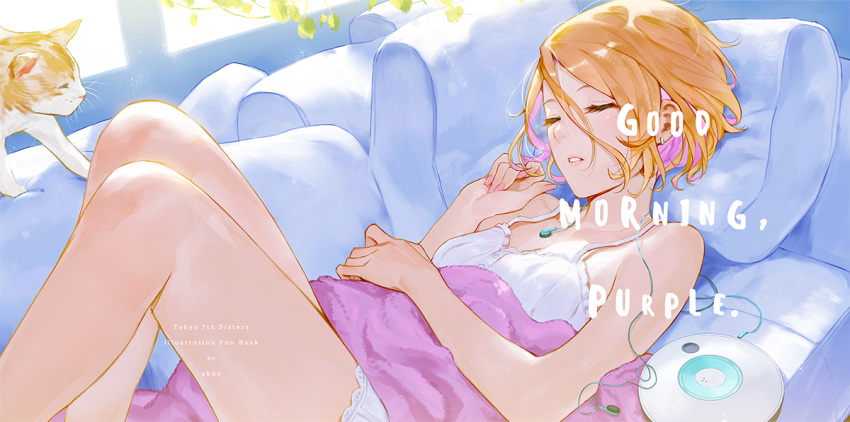 1girl arm_across_waist artist_name bare_shoulders blonde_hair cat cd_player closed_eyes couch earphones earphones earphones_removed echizen_murasaki ekao english lying multicolored_hair on_back pink_hair short_hair sleeping solo tokyo_7th_sisters two-tone_hair