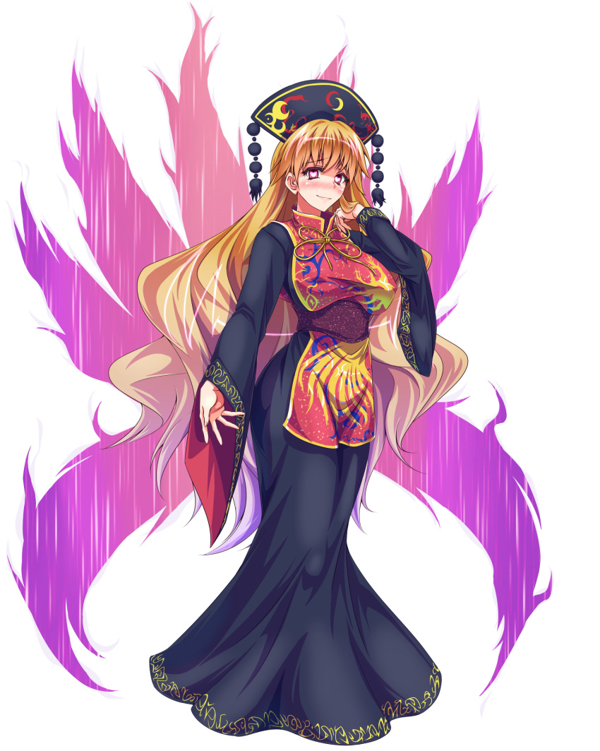 1girl black_dress blonde_hair blush breasts chinese_clothes crescent dress full_body hat heart heart-shaped_pupils highres junko_(touhou) large_breasts long_hair long_sleeves multiple_tails red_eyes ribbon sash smile solo symbol-shaped_pupils tabard tachi-e tail touhou transparent_background very_long_hair wide_sleeves zephid