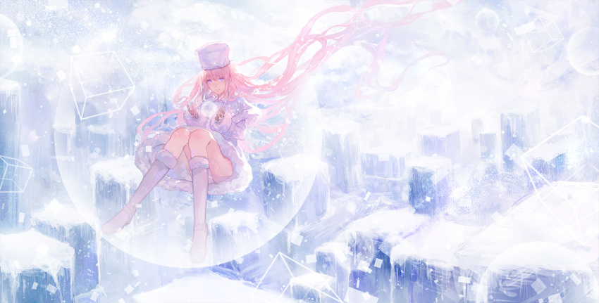 1girl alternate_costume bangs blue_eyes boots bubble capelet closed_mouth cube dye_(vocaloid) floating floating_hair fur_trim gloves hat knees_together_feet_apart light_particles long_hair long_sleeves looking_at_viewer megurine_luka no.18 pink_hair project_diva_(series) project_diva_f rectangle smile snow snowing solo upskirt very_long_hair vocaloid white_hat