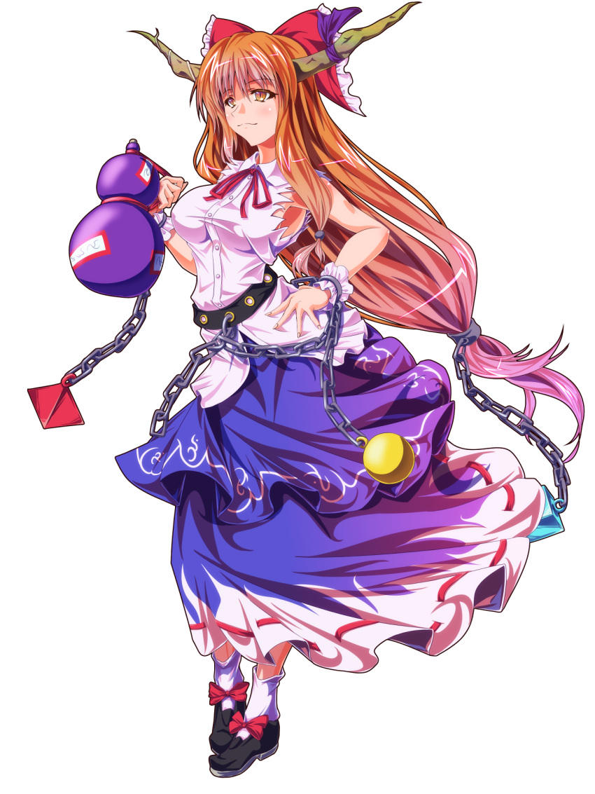1girl alternate_breast_size belt bow breasts brown_eyes chain cuffs gourd hair_bow hand_on_hip highres horn_ribbon horns ibuki_suika large_breasts light_smile long_hair long_skirt low-tied_long_hair older oni orange_hair ribbon shackles shirt simple_background skirt sleeveless sleeveless_shirt solo tachi-e touhou transparent_background zephid