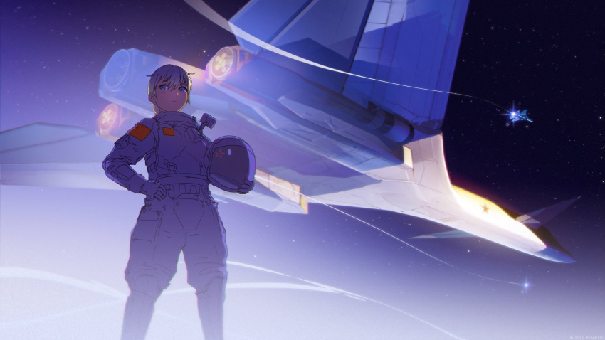 1girl 2016 aircraft arsenixc blonde_hair blue blue_sky condensation_trail expressionless hand_on_hip headwear_removed helmet helmet_removed highres long_hair original sky solo soviet_flag spacesuit standing star watermark