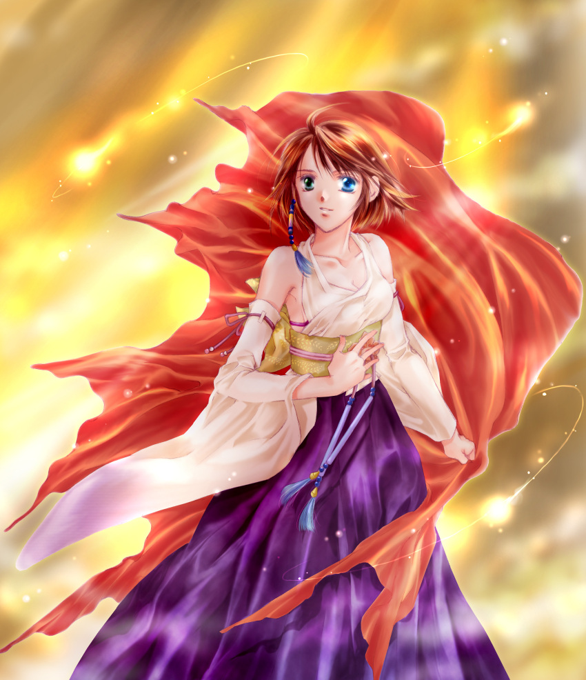 1girl blue_eyes breasts brown_hair detached_sleeves final_fantasy final_fantasy_x green_eyes hair_ornament hakama heterochromia highres japanese_clothes jewelry long_hair necklace short_hair solo yuna_(ff10)