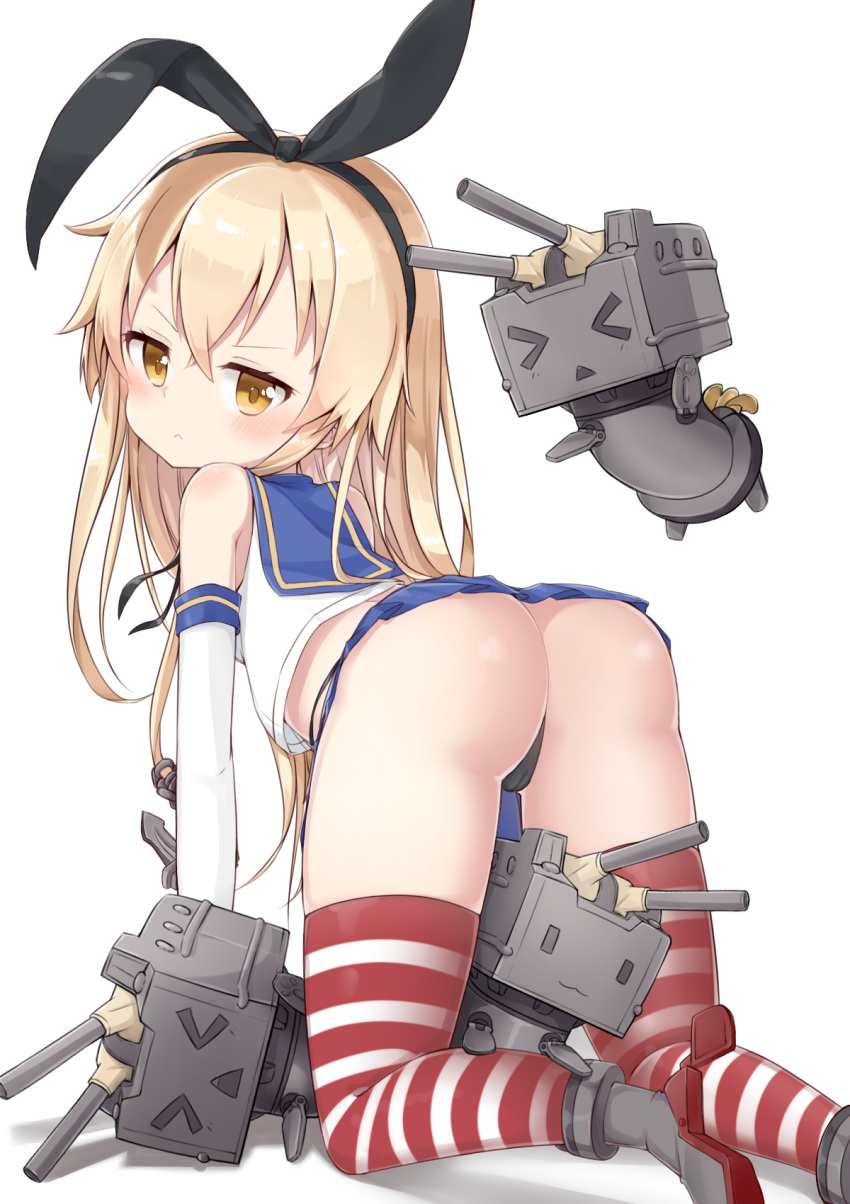 &gt;_&lt; 1girl :&lt; :3 all_fours ass black_panties blonde_hair blue_skirt blush closed_eyes darnell hairband highres kantai_collection long_hair looking_at_viewer panties rensouhou-chan shimakaze_(kantai_collection) simple_background skirt striped striped_legwear thigh-highs underwear white_background yellow_eyes